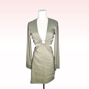 ZARA Olive Green Linen Cut Out Long Sleeve Dress (Sz S)